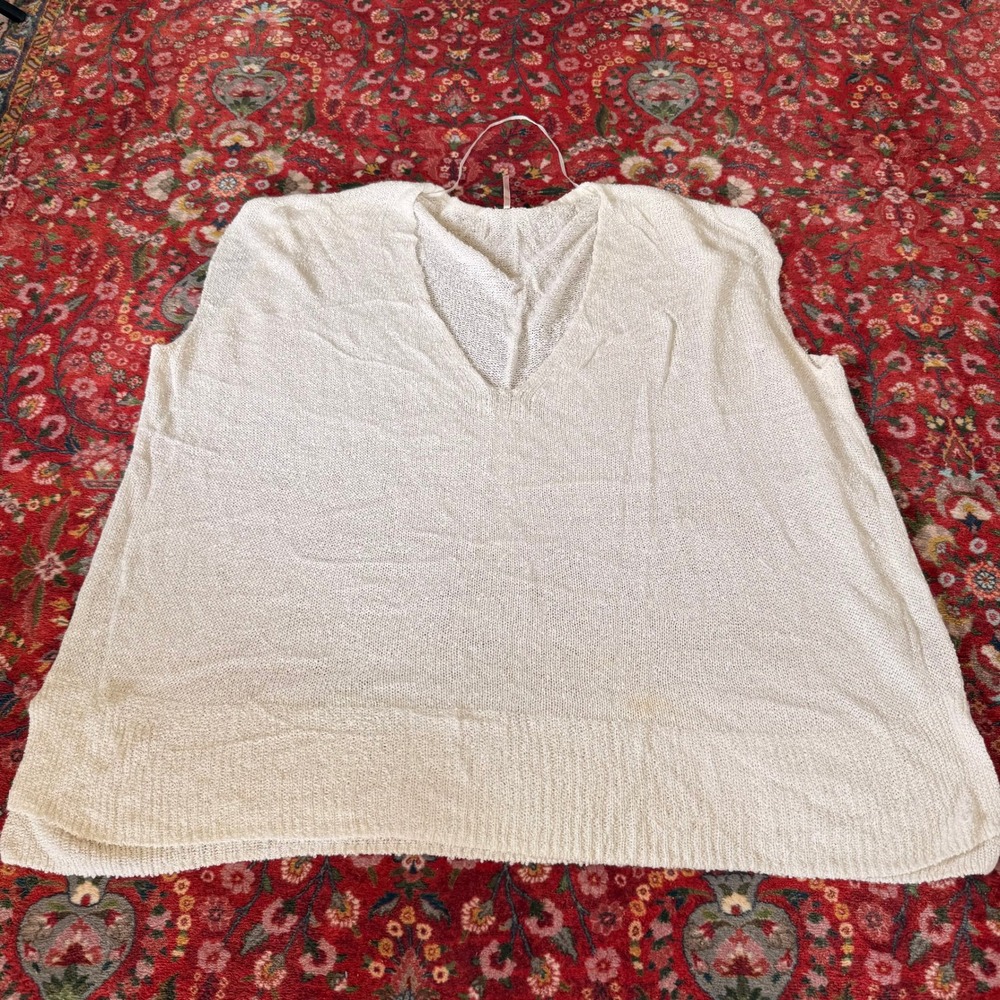 Free People Sweater Vest M Cottagecore Ivory V-Neck Open Knit Oversized Stains